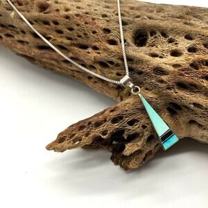 Triangle Pendant Signed MY Turquoise with‎ blk stone inlay